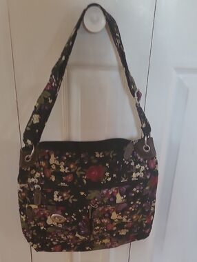Floral Print Shoulder Bag - Black with Multicolor Flowers